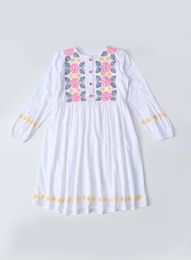 Bella Moda Embroidered 3/4 Sleeves Cotton Dress with Button Front - Image 2