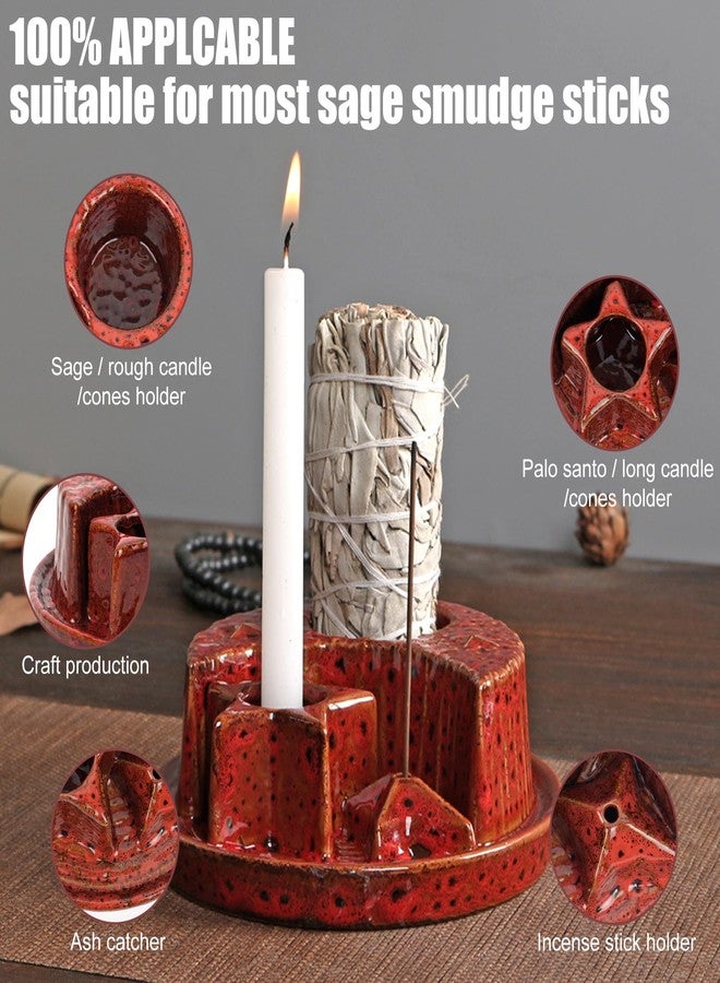 Fanadith 4 in 1 Incense Holder, Incense Burner, Palo Santo Holder, Ceramic Ash Catcher Tray for Meditation Room, Candle Holder for Burning Sage (Speckled Red) - Image 2