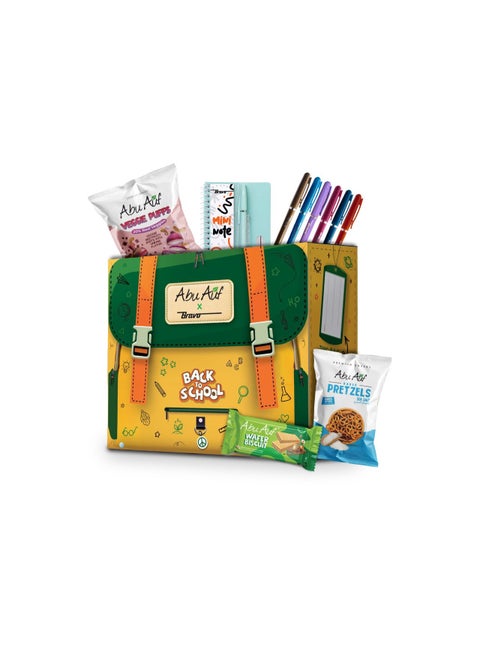 Back to School Bag Box with Variety Snacks (Veggie Puffs, Sea Salt Pretzels, and Chocolate Hazelnut Wafer biscuit), Notebook & Pens