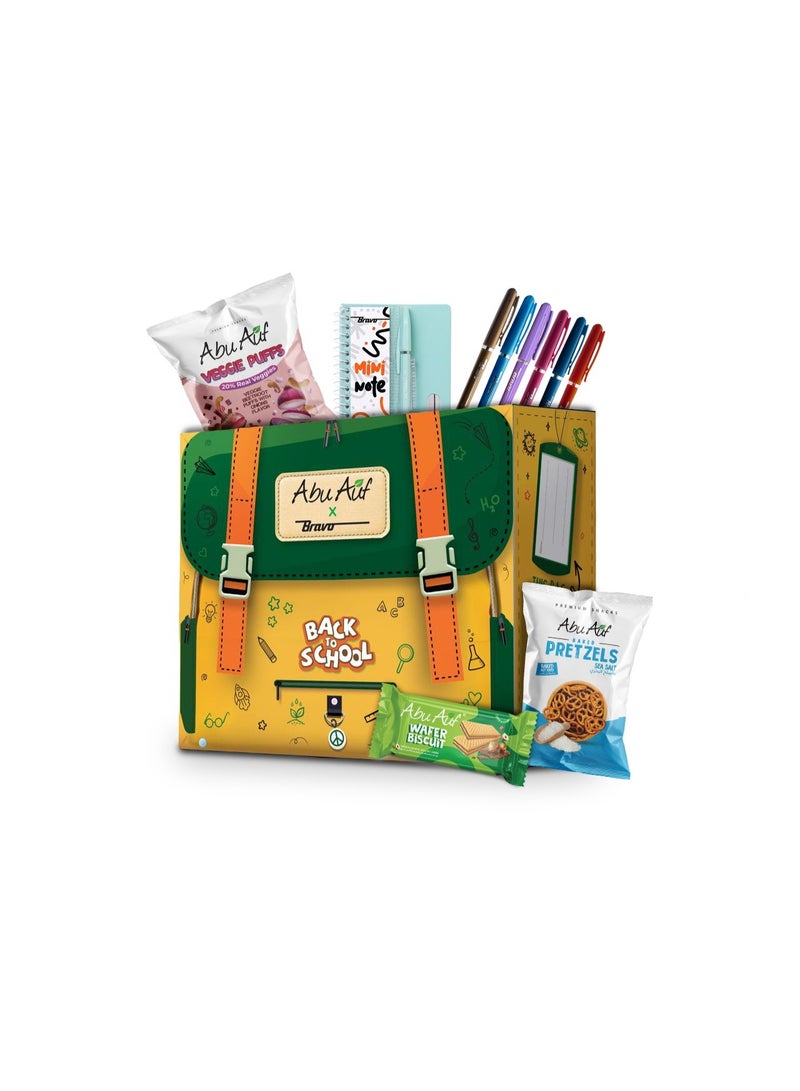 Abu Auf Back to School Bag Box with Variety Snacks (Veggie Puffs, Sea Salt Pretzels, and Chocolate Hazelnut Wafer biscuit), Notebook & Pens - Image 1