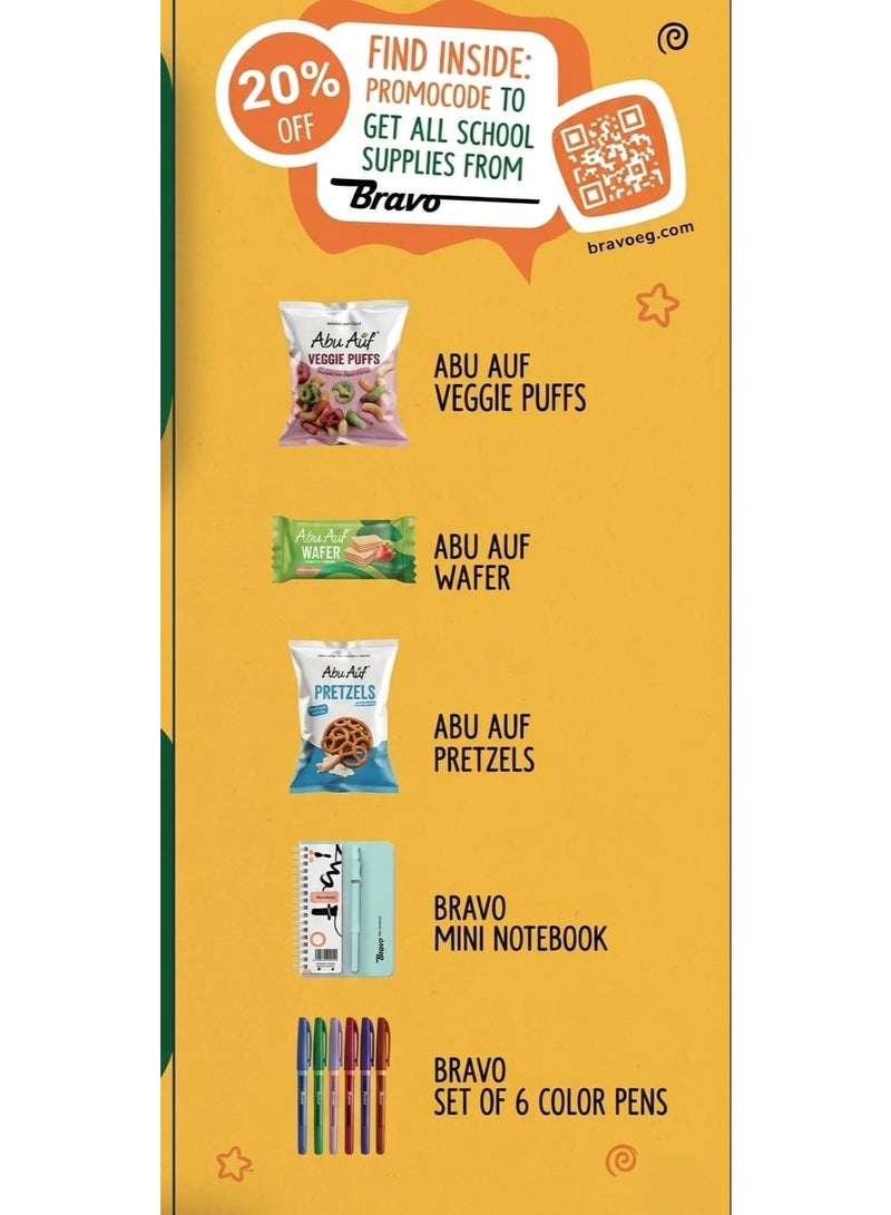 Abu Auf Back to School Bag Box with Variety Snacks (Veggie Puffs, Sea Salt Pretzels, and Chocolate Hazelnut Wafer biscuit), Notebook & Pens - Image 2