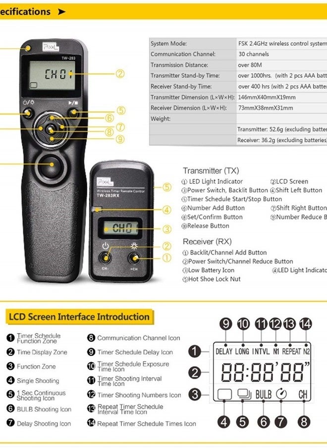 Pixel - Pixel Timer Shutter Release TW283-N3 Wireless Remote Control for Canon 5D Mark III/ 5D Mark IV/ 5D 6D /7D Mark II/ 7D R5 R5C 50D 40D 30D D60 D30 1DX MARKII - Image 1