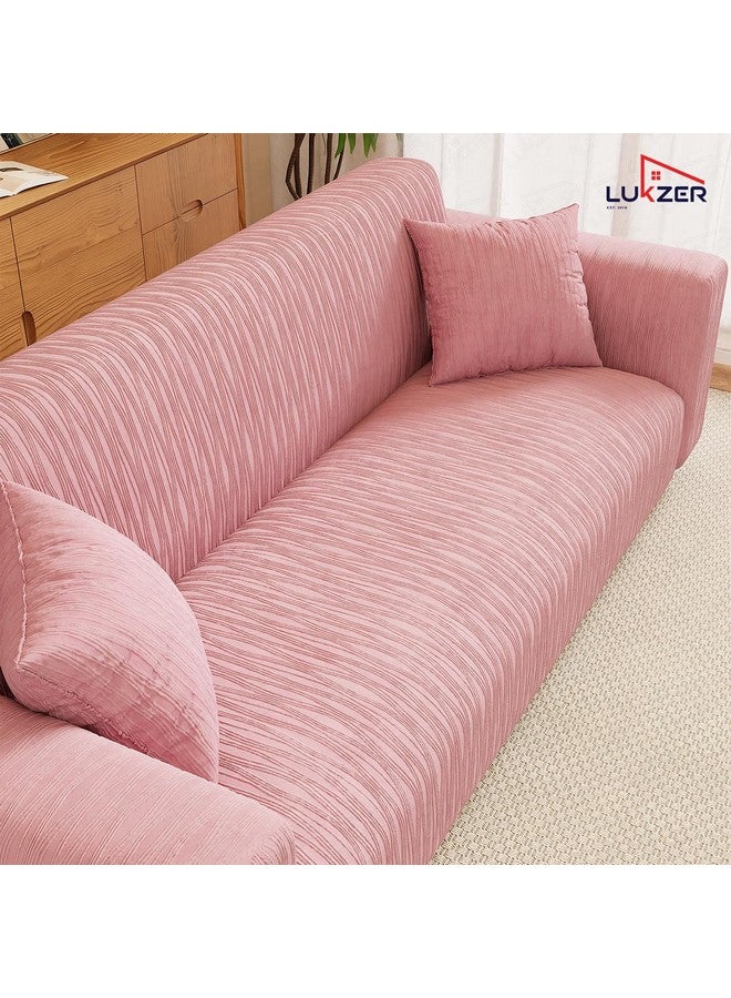 Lukzer 5 Seater Pastel Pink Wavy Stripes Pattern Sofa Cover | 240 GSM Universal Stretch Fit 3+1+1 Jacquard Fabric Couch Protector | Fully Covered Anti Slip & Washable Sofa Cover (SC-084-05) - Image 3