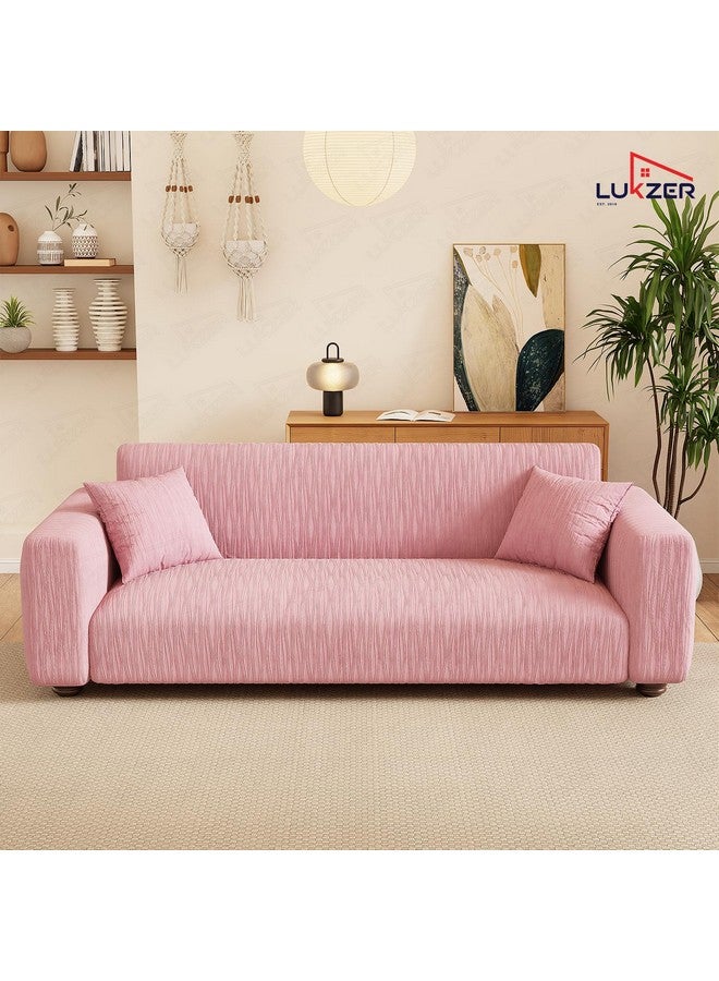 Lukzer 5 Seater Pastel Pink Wavy Stripes Pattern Sofa Cover | 240 GSM Universal Stretch Fit 3+1+1 Jacquard Fabric Couch Protector | Fully Covered Anti Slip & Washable Sofa Cover (SC-084-05) - Image 4