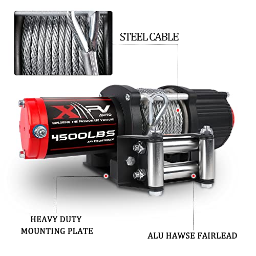 XPV AUTO 12V 4500LBS Steel Rope Electric Winch for Towing ATV/UTV Off Road with Wireless Remote Control Mounting Bracket IP67 Waterproof Electric Winch with 4-Way Roller Fairlead - Image 3