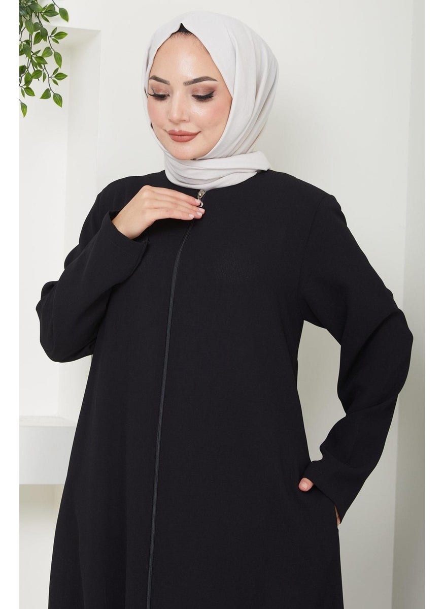 Hafsamina - Zippered Plus Size Abaya Black HM2488 - Image 1