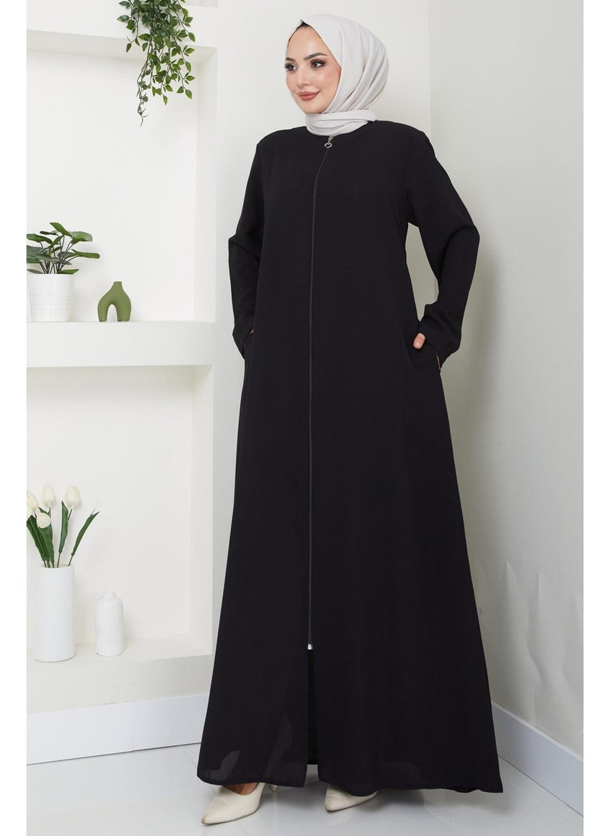 Hafsamina - Zippered Plus Size Abaya Black HM2488 - Image 1