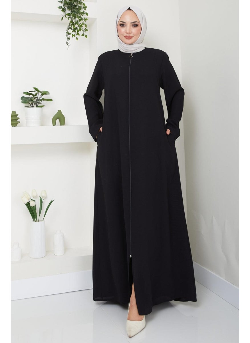 Hafsamina - Zippered Plus Size Abaya Black HM2488 - Image 1