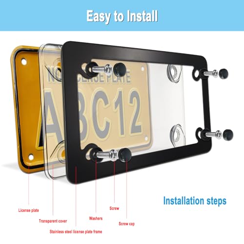 FBJTDQ Motorcycle License Plate Covers- Bubble License Plate Protector and Black Stainless Steel Metal License Plate Frame, Unbreakable Protective Cover is Clear, with Front Rear Screws Caps - Image 5