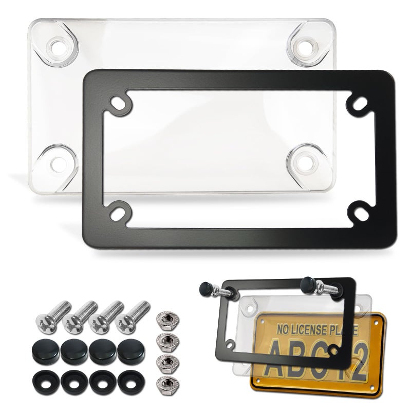 FBJTDQ Motorcycle License Plate Covers- Bubble License Plate Protector and Black Stainless Steel Metal License Plate Frame, Unbreakable Protective Cover is Clear, with Front Rear Screws Caps - Image 2