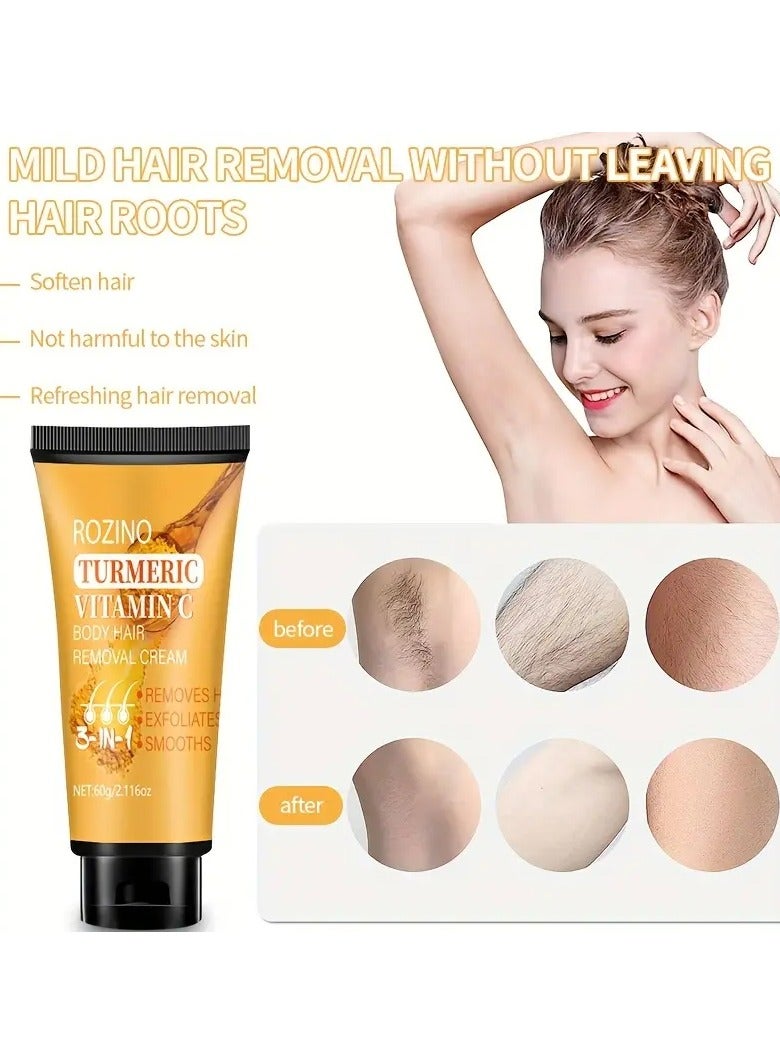 Rozino ROZINO Turmeric Vitamin C Hair Removal Cream, 60g - Fast-Acting & Long-Lasting, Painless for All Skin Types, Alcohol-Free, Ideal for Face, Legs, Arms, Underarms, with Smooth Skin Results - Image 3