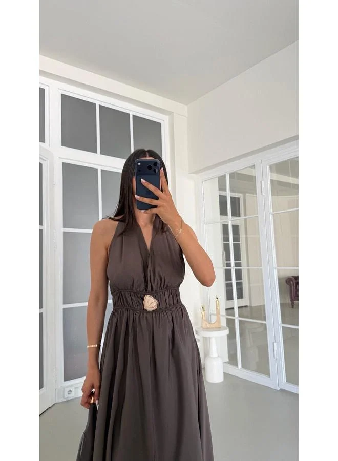 Gaus  Coffee-colored neck-tied waist-elastic buckle detailed pocket tencel dress GAUS-01798. for Women | Best Price UAE