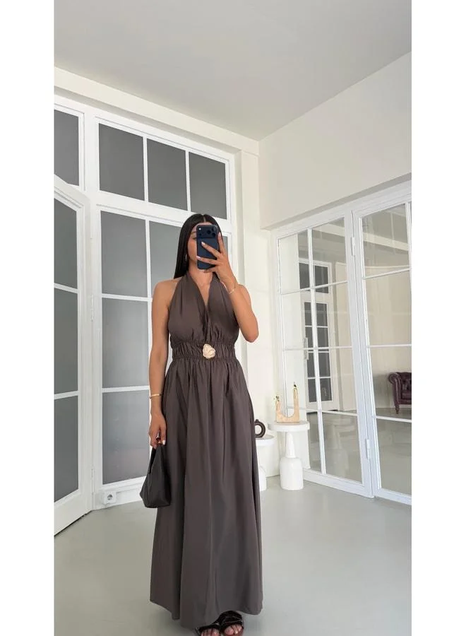 Coffee-colored neck-tied waist-elastic buckle detailed pocket tencel dress GAUS-01798.