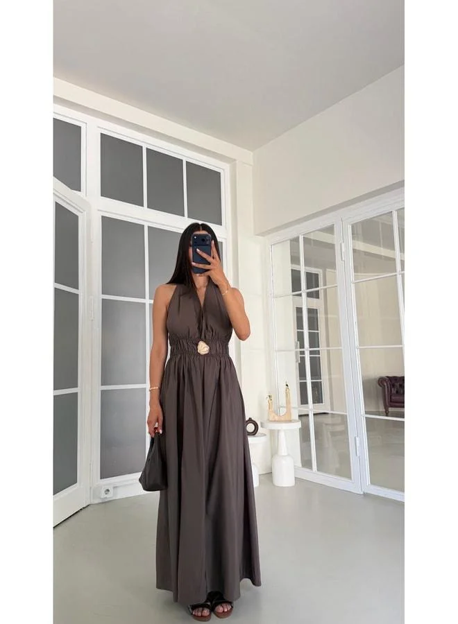 Gaus  Coffee-colored neck-tied waist-elastic buckle detailed pocket tencel dress GAUS-01798. for Women | Best Price UAE