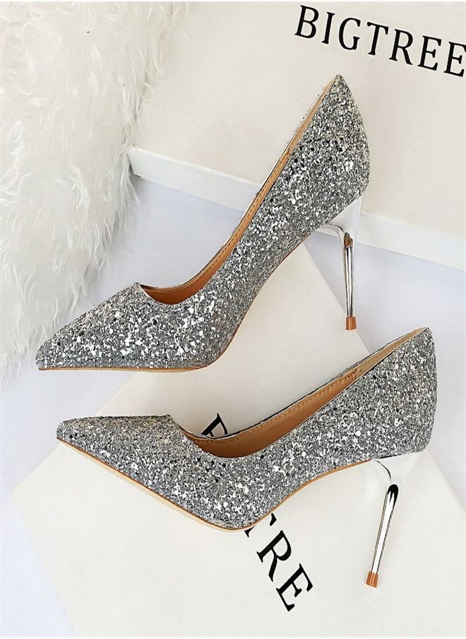 BIGTREE Fashion Shiny Slim High Heels 7CM Silver 