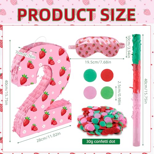 Lcoor Strawberry Birthday Decorations Sweet One Number 2 Pinata with Stick Blindfold and Confetti Strawberry Piata 2nd Birthday Party Decoration Supplies Strawberry 2nd - Image 5