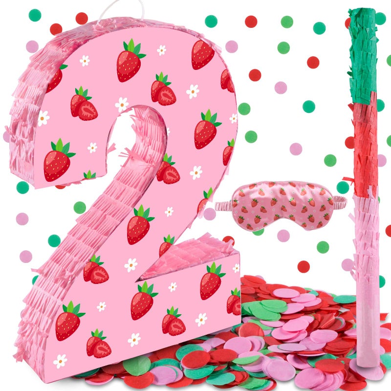 Lcoor Strawberry Birthday Decorations Sweet One Number 2 Pinata with Stick Blindfold and Confetti Strawberry Piata 2nd Birthday Party Decoration Supplies Strawberry 2nd - Image 3