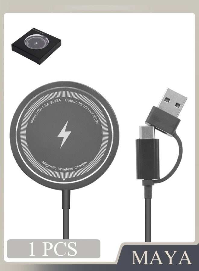 شاحن لاسلكي مغناطيسي، لوحة شحن سريع متوافقة مع MagSafe لأجهزة iPhone من سلسلة 17/16/15/14/13/12، بقوة قصوى 15 واط، مغناطيس قوي، منفذان USB-A و USB-C - لأجهزة AirPods و MagSafe Case (أسود) - Image 1