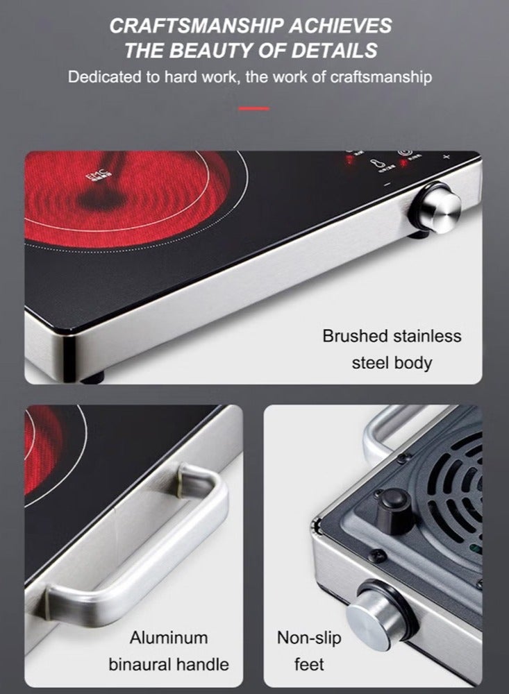 Winning Star Portable Infrared Burner 2000W Electric Burner with 3 Hours Timer-Electric Hot Plate Touch Control Panel Adjustable Heating Power Glass Plate Electric Cooktop for Cooking - Image 3