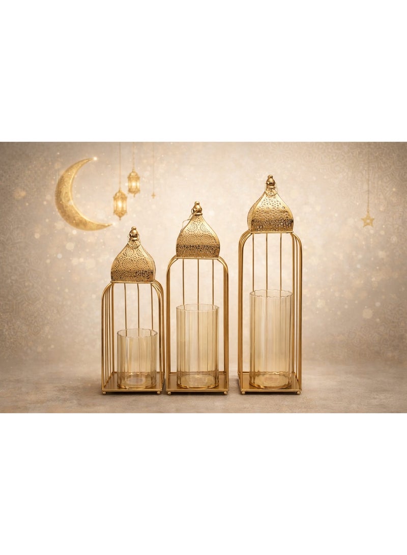Antica Large Brass Lantern Candle Holder Set Of 3 With 3 Candles – 49 Cm Diameter (Heights 50 / 42 / 36 Cm) – Elegant Home Décor & Luxury Ramadan Décor For Shelf Or Hanging - Image 2