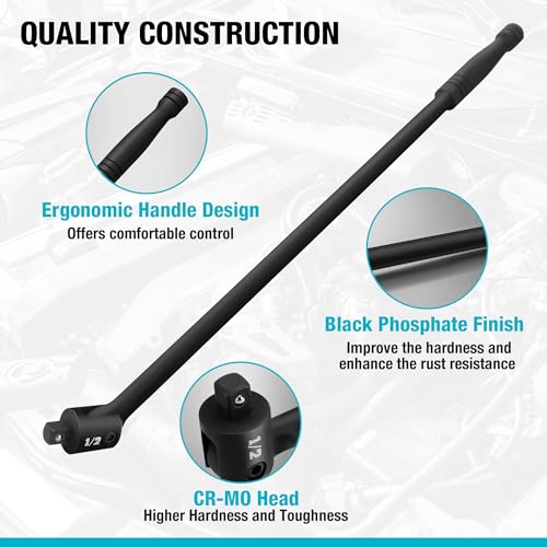 DURATECH دوراتيك بريكر بار، 1/2'' درايف 24-إنش بريكر بارز هافي ديوتي، مع رأس قابل للانحناء 240°، كرة تثبيت بزنبركية، رأس CR-MO، تشطيب فوسفات أسود بريميوم - Image 2