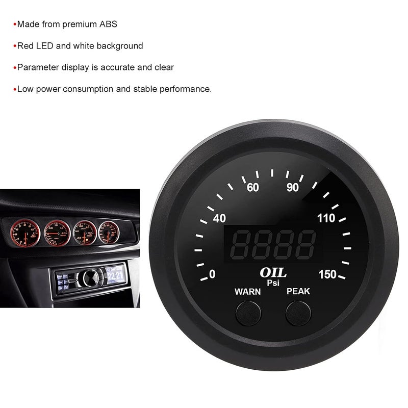 Oil Pressure Gauge Car Modification, Ultraslim 2-1 / 16in 52mm 150PSI, Red LED White Background - Accurate Reading, Durable ABS, Easy Installation for Vehicle Monitoring - Image 2