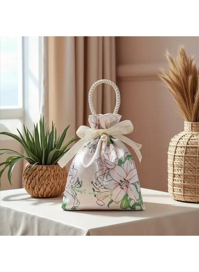 Pink Floral Drawstring Gift Bags with Pearl Ribbon Reusable Wedding Party Favors - Image 5