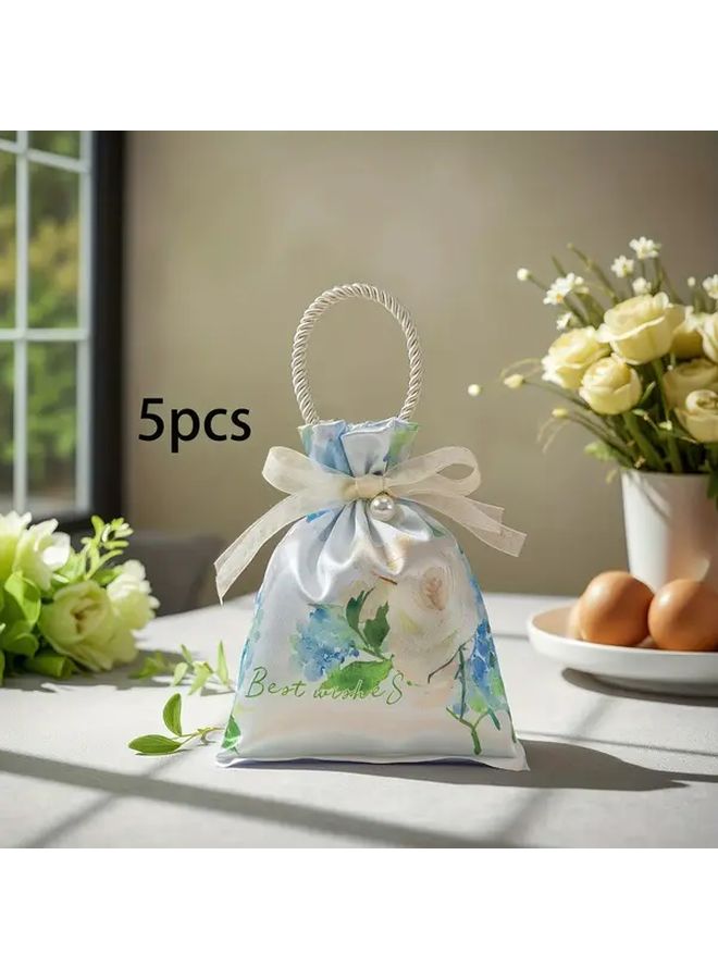 Pink Floral Drawstring Gift Bags with Pearl Ribbon Reusable Wedding Party Favors - Image 2