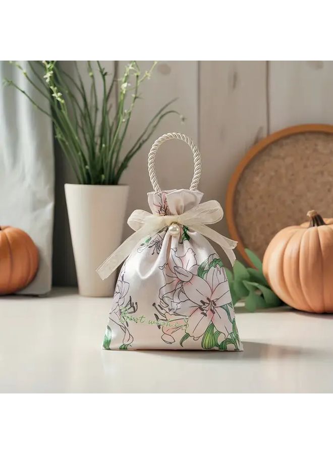 Pink Floral Drawstring Gift Bags with Pearl Ribbon Reusable Wedding Party Favors - Image 3