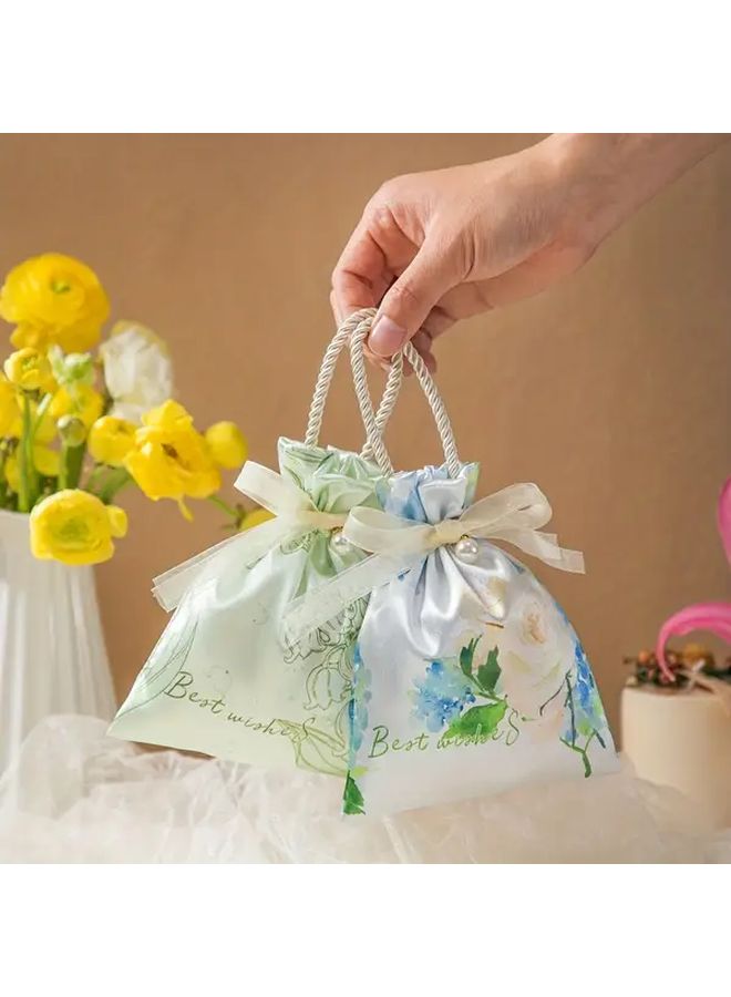 Pink Floral Drawstring Gift Bags with Pearl Ribbon Reusable Wedding Party Favors - Image 1