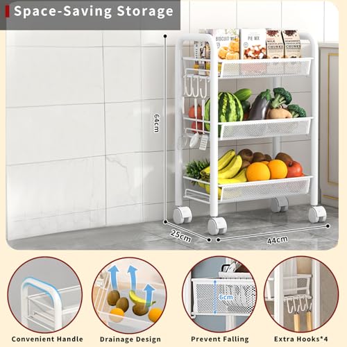 LiveCool Mesh Vegetable Stand Steel, 3 Tier Onion Potato Rack for Storage, Metal Kitchen Trolley with Wheels, Trolley Rack for Kitchen, Living Room, Bedroom, White (KT02-W3) - Image 2