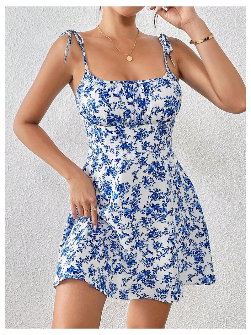 Floerns Women's Summer Floral Cherry Print A Line Short Cami Dress Blue and White Medium - Image 4