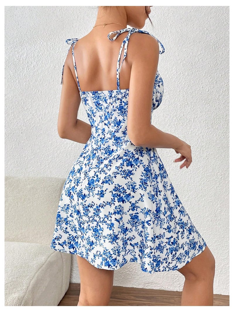 Floerns Women's Summer Floral Cherry Print A Line Short Cami Dress Blue and White Medium - Image 2