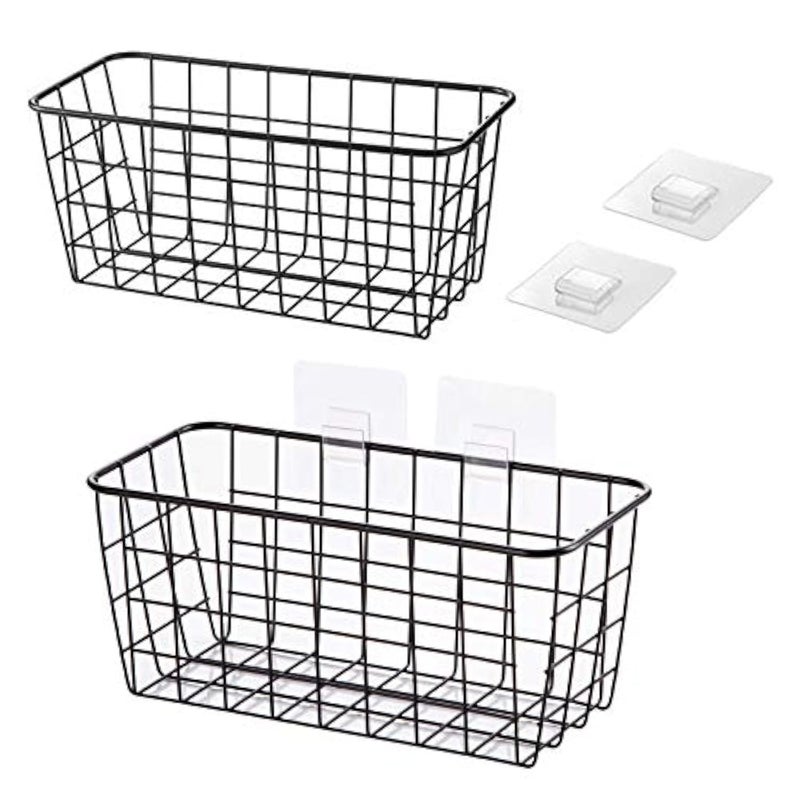 Lele No Drilling Wall Hanging Mounted Metal Wire Baskets with Free Wall Hooks Kitchen Organization and Storage Hanging Fruit Set of 2 Black
