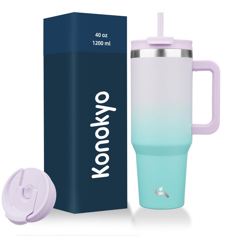 Konokyo 40 oz Tumbler with Handle and 2 Straws,2 in 1 Lid Insulated Water Bottle Stainless Steel Travel Coffee Mug,Lavender Green - Image 1