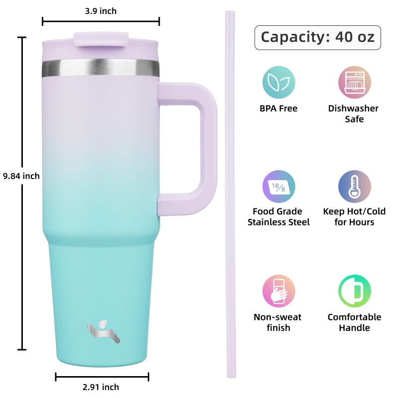 Konokyo 40 oz Tumbler with Handle and 2 Straws,2 in 1 Lid Insulated Water Bottle Stainless Steel Travel Coffee Mug,Lavender Green - Image 4