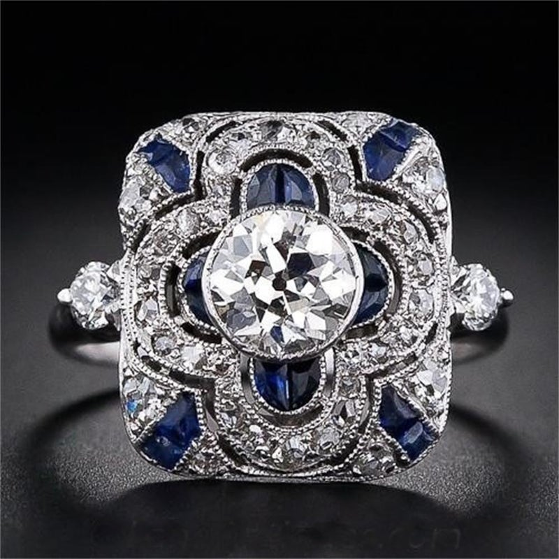 925 Sterling Silver Natural Shining Sapphire Ring Blue Gemstone Cubic Zirconia Promise Rings CZ Luxurious Eternity Engagement Wedding Band Ring for Women US Code 9