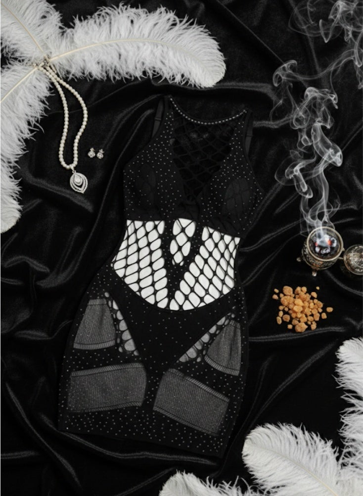 Cute Black Fishnet Mini Dress Lingerie – Unique Net Pattern Stretchable Free Size Nightwear, Bold Figure-Hugging Bodycon Design - Image 2