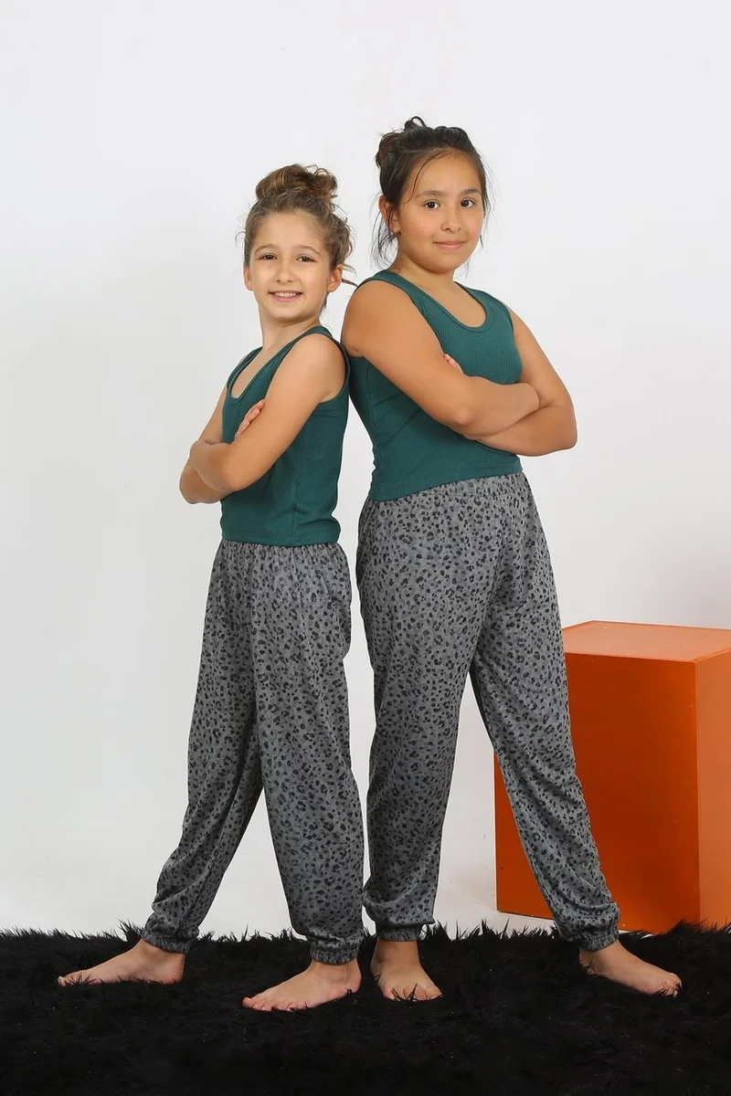 Akbeniz Girl's Zero Sleeve Emerald Green Combed Cotton Pajama Set 20433