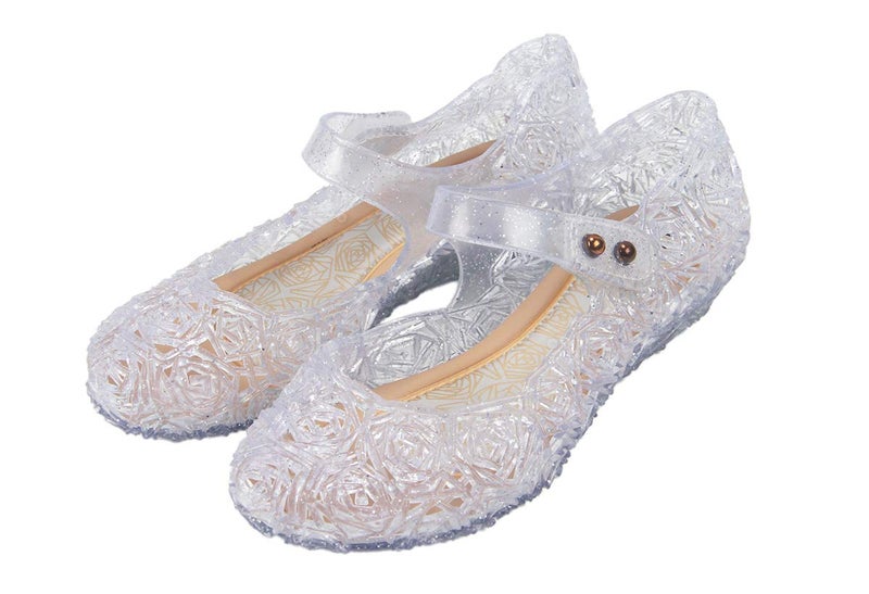 GUGUYeah Princess Costumes Crystal Jelly Flats Shoes,Cosplay Birthday Party Dress Up Sandals for Little Girls, Toddler or Kids White/Silver - Image 1