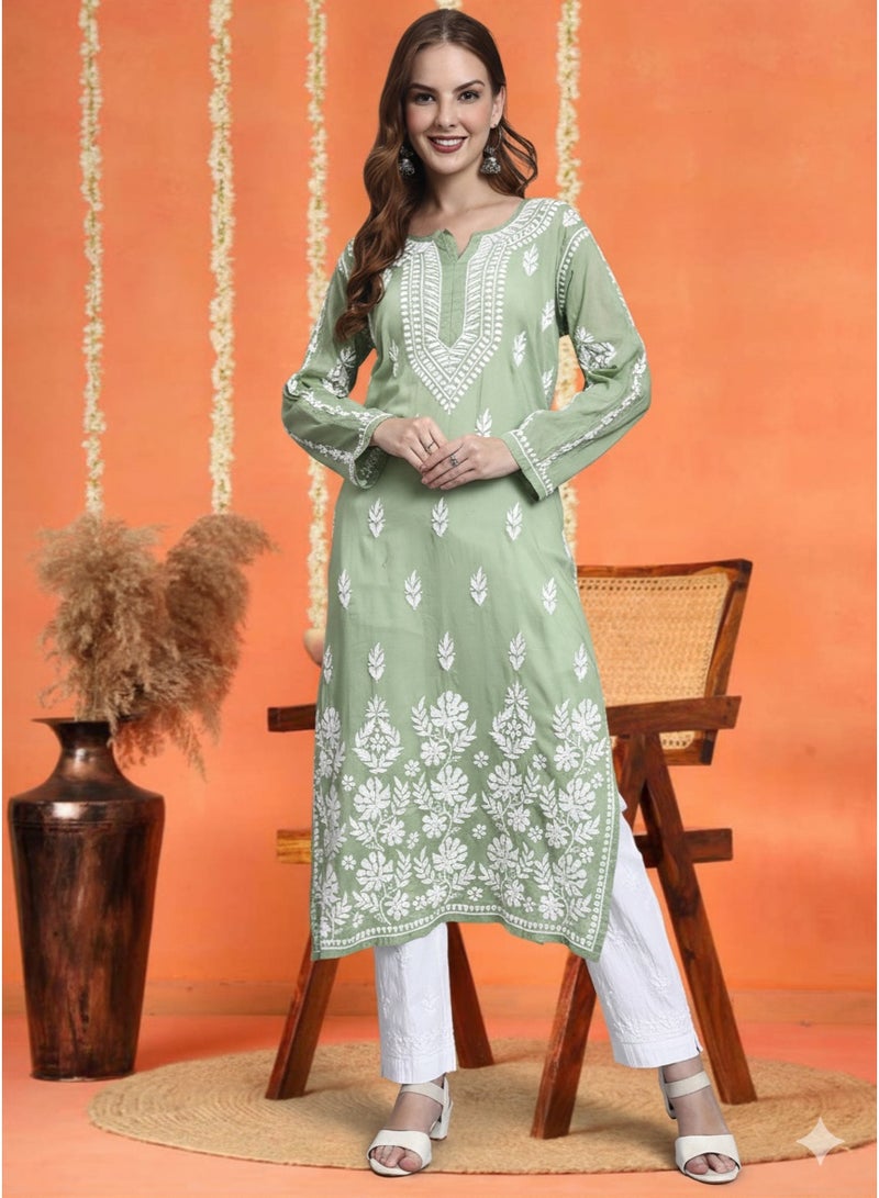 Alaya Women Hand Embroidered Chikankari Cotton Kurta -AL3723 - Image 1