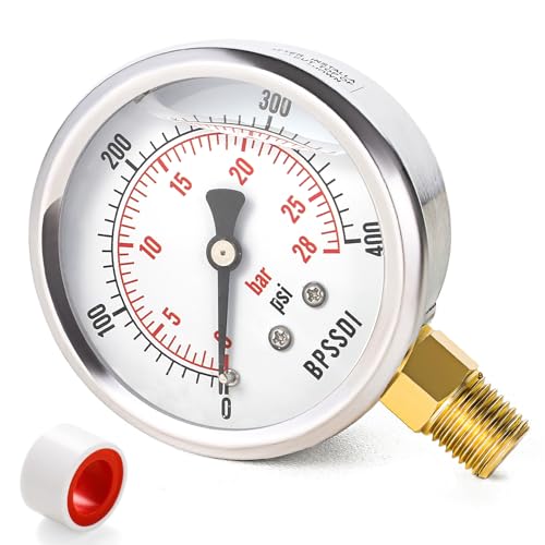 BPSSDI 0-400 Psi Glycerin Liquid Filled Pressure Gauge, 2.5" Dial Size, 1/4" NPT Lower Mount, 304 Stainless Steel Case, for Pool Pump Sand Filter Air Compressor, Water Oil Air Pressure Test - Image 1