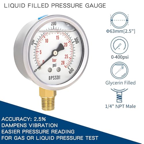 BPSSDI 0-400 Psi Glycerin Liquid Filled Pressure Gauge, 2.5" Dial Size, 1/4" NPT Lower Mount, 304 Stainless Steel Case, for Pool Pump Sand Filter Air Compressor, Water Oil Air Pressure Test - Image 2