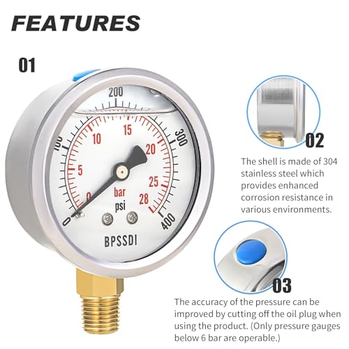 BPSSDI 0-400 Psi Glycerin Liquid Filled Pressure Gauge, 2.5" Dial Size, 1/4" NPT Lower Mount, 304 Stainless Steel Case, for Pool Pump Sand Filter Air Compressor, Water Oil Air Pressure Test - Image 4
