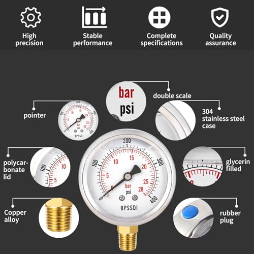 BPSSDI 0-400 Psi Glycerin Liquid Filled Pressure Gauge, 2.5" Dial Size, 1/4" NPT Lower Mount, 304 Stainless Steel Case, for Pool Pump Sand Filter Air Compressor, Water Oil Air Pressure Test - Image 3