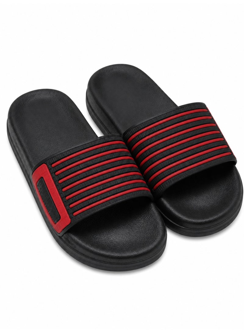 Men's Black and Red Sport Slide Sandals, Open-Toe Slip-On Slippers with Ribbed Wide Strap, Textured Footbed and Thick Sole for Indoor Outdoor Wear - Image 1