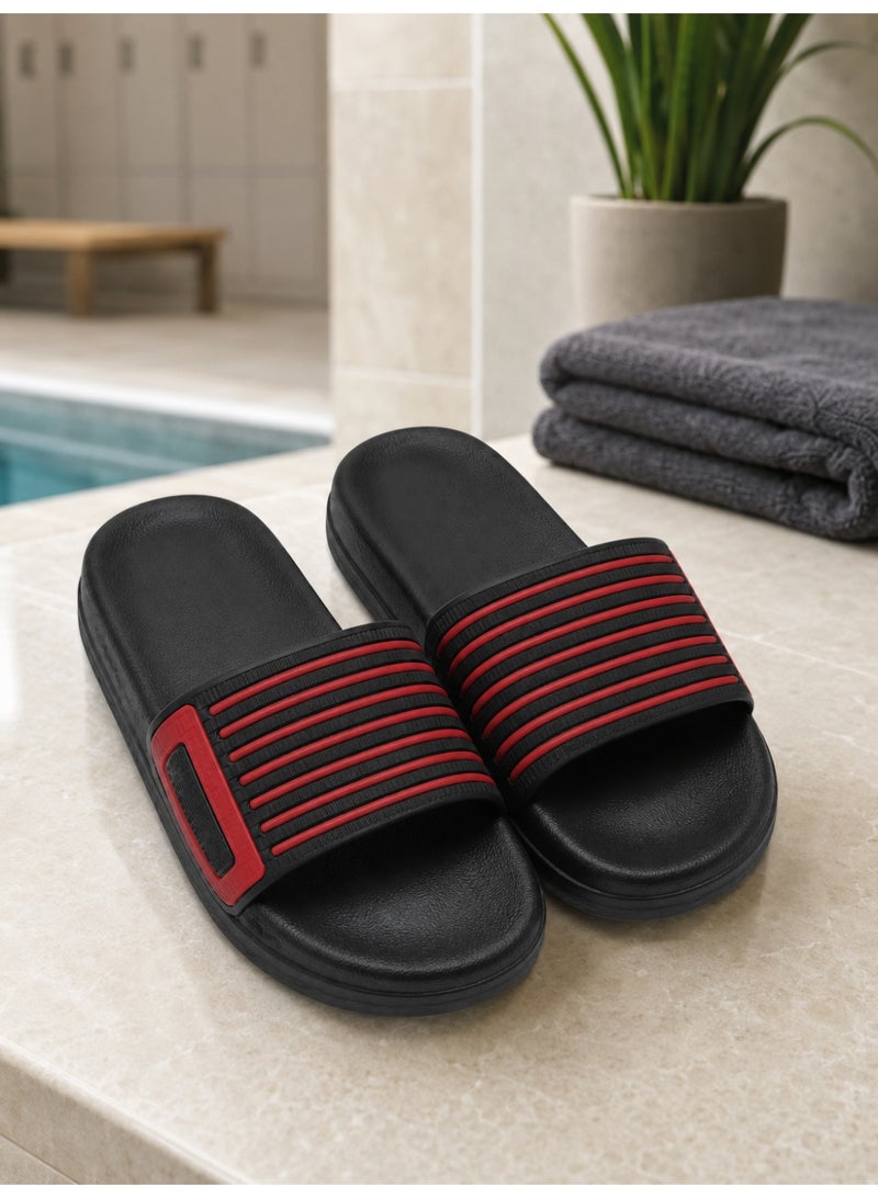 Men's Black and Red Sport Slide Sandals, Open-Toe Slip-On Slippers with Ribbed Wide Strap, Textured Footbed and Thick Sole for Indoor Outdoor Wear - Image 3