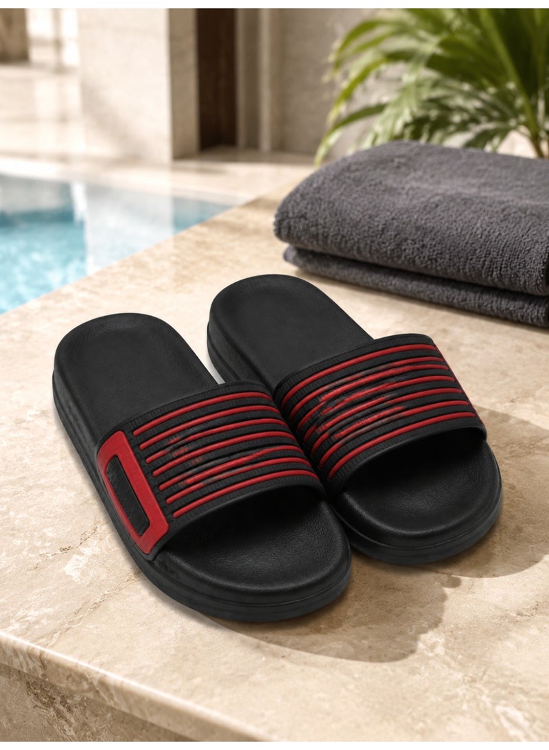Men's Black and Red Sport Slide Sandals, Open-Toe Slip-On Slippers with Ribbed Wide Strap, Textured Footbed and Thick Sole for Indoor Outdoor Wear - Image 2