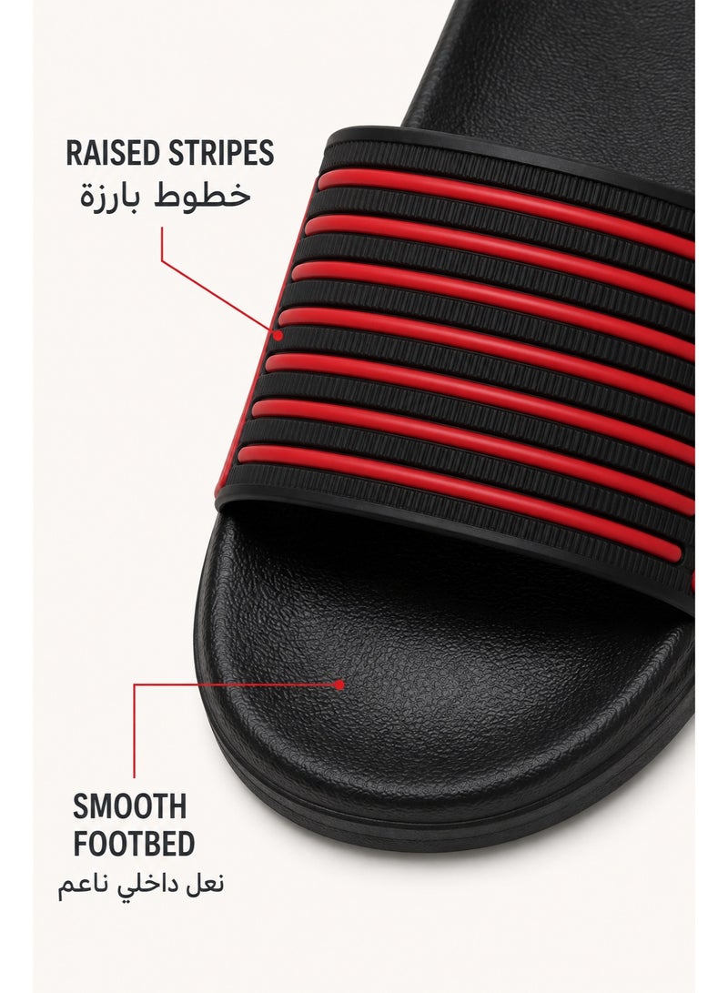 Men's Black and Red Sport Slide Sandals, Open-Toe Slip-On Slippers with Ribbed Wide Strap, Textured Footbed and Thick Sole for Indoor Outdoor Wear - Image 5