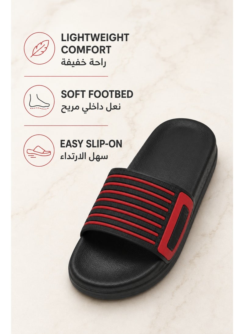 Men's Black and Red Sport Slide Sandals, Open-Toe Slip-On Slippers with Ribbed Wide Strap, Textured Footbed and Thick Sole for Indoor Outdoor Wear - Image 4